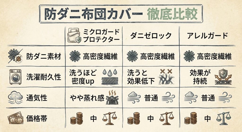 ミクロガード・ダニゼロック・アレルガードの比較表