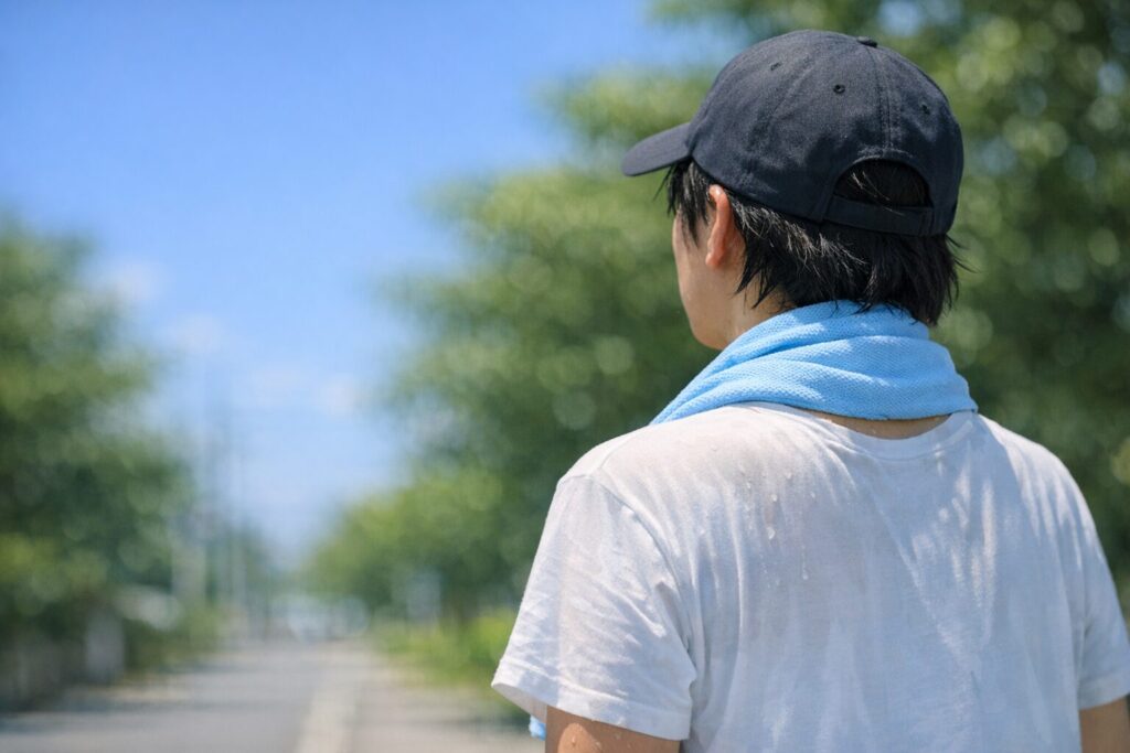 炎天下で首に冷感タオルを巻いて過ごす人（冷感タオル 持続時間のイメージ）