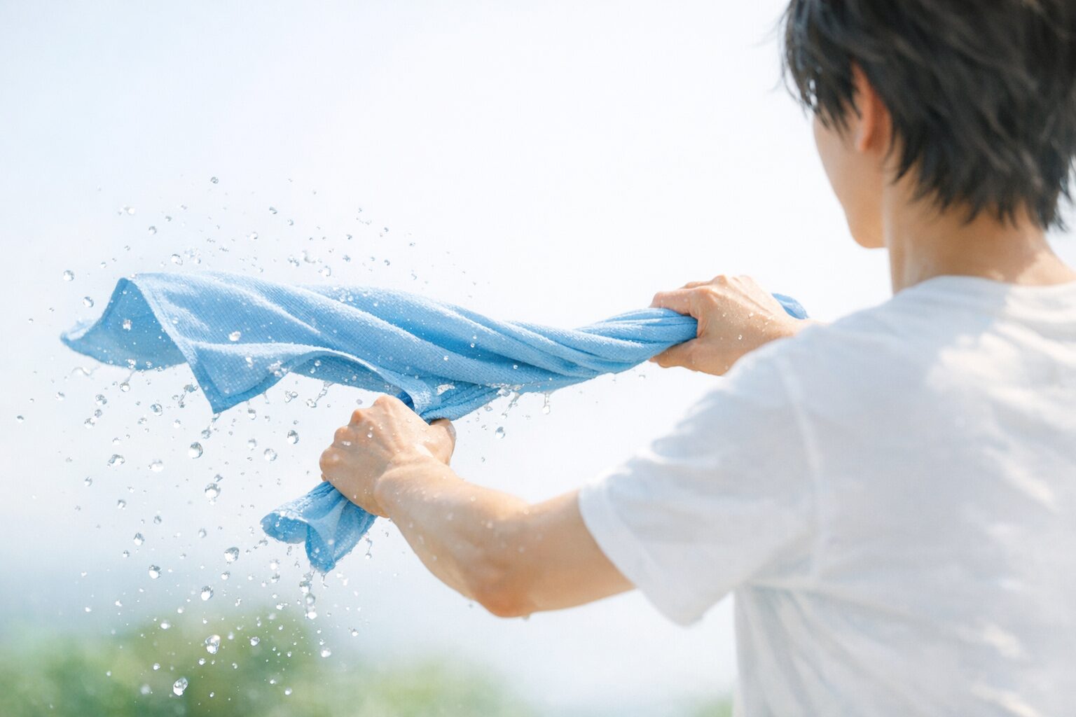 冷感タオルを濡らして振り、ひんやり感を復活させる様子（冷感タオル 濡らす 使い方・冷感タオル 振る理由）