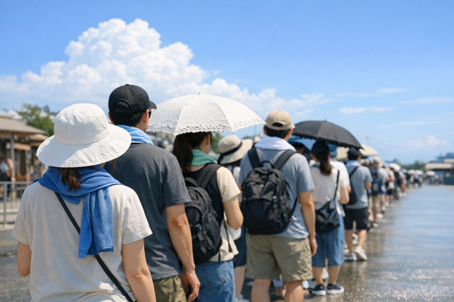 夏の屋外パークで日傘や冷感タオルを使いながら暑さ対策をして並ぶ来園者のイメージ