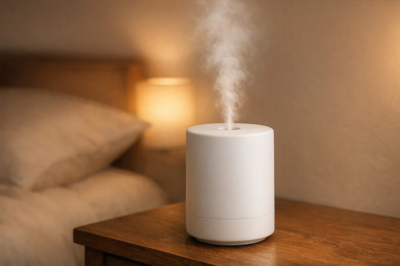 無印良品 超音波アロマディフューザーから立ち上るミストが寝室にやわらかく広がるイメージ